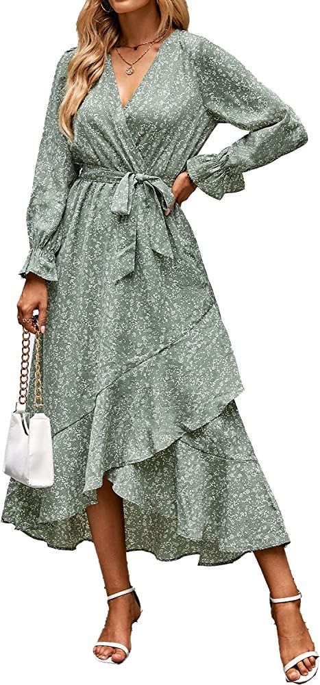 BTFBM Women Long Sleeve Wrap Dress V Neck Boho Floral High Waist Flowy Ruffle 2023 Spring Summer ... | Amazon (US)