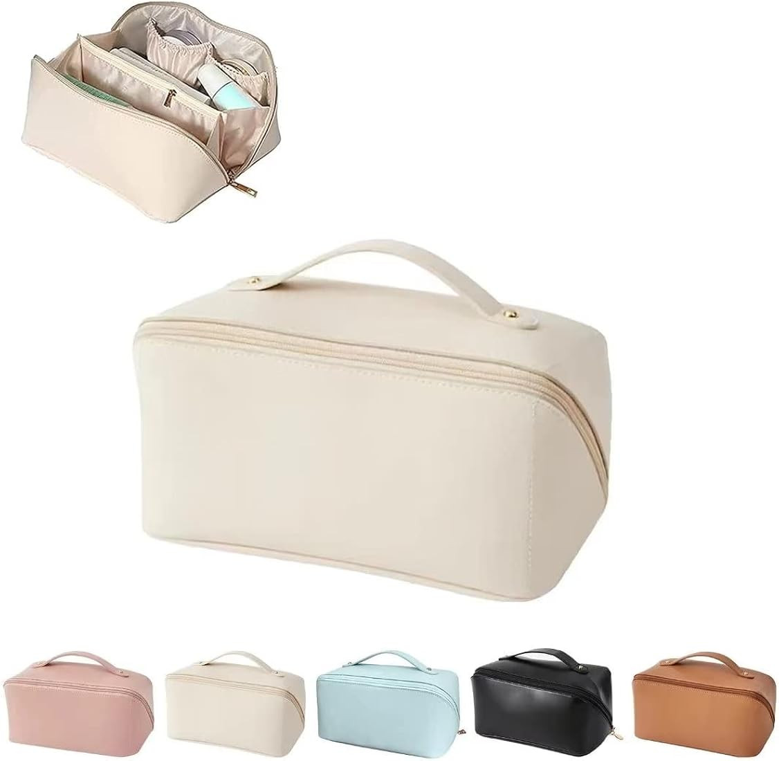 xsbuxta Large-Capacity Travel Leather Makeup Bag Cosmetic Bag Waterproof Portable Makeup Case Org... | Amazon (US)