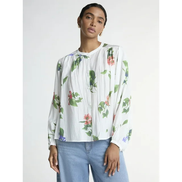 Scoop Women’s Crinkle Gauze Shirt with Blouson Sleeves, Sizes XS-XXL | Walmart (US)