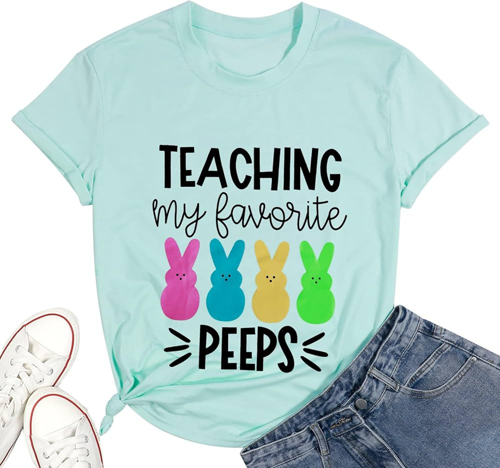 Teaching My Favorite Peeps Shirt for Women Easter Teacher T-Shirt Funny Bunny Graphic Tee Top | Amazon (US)