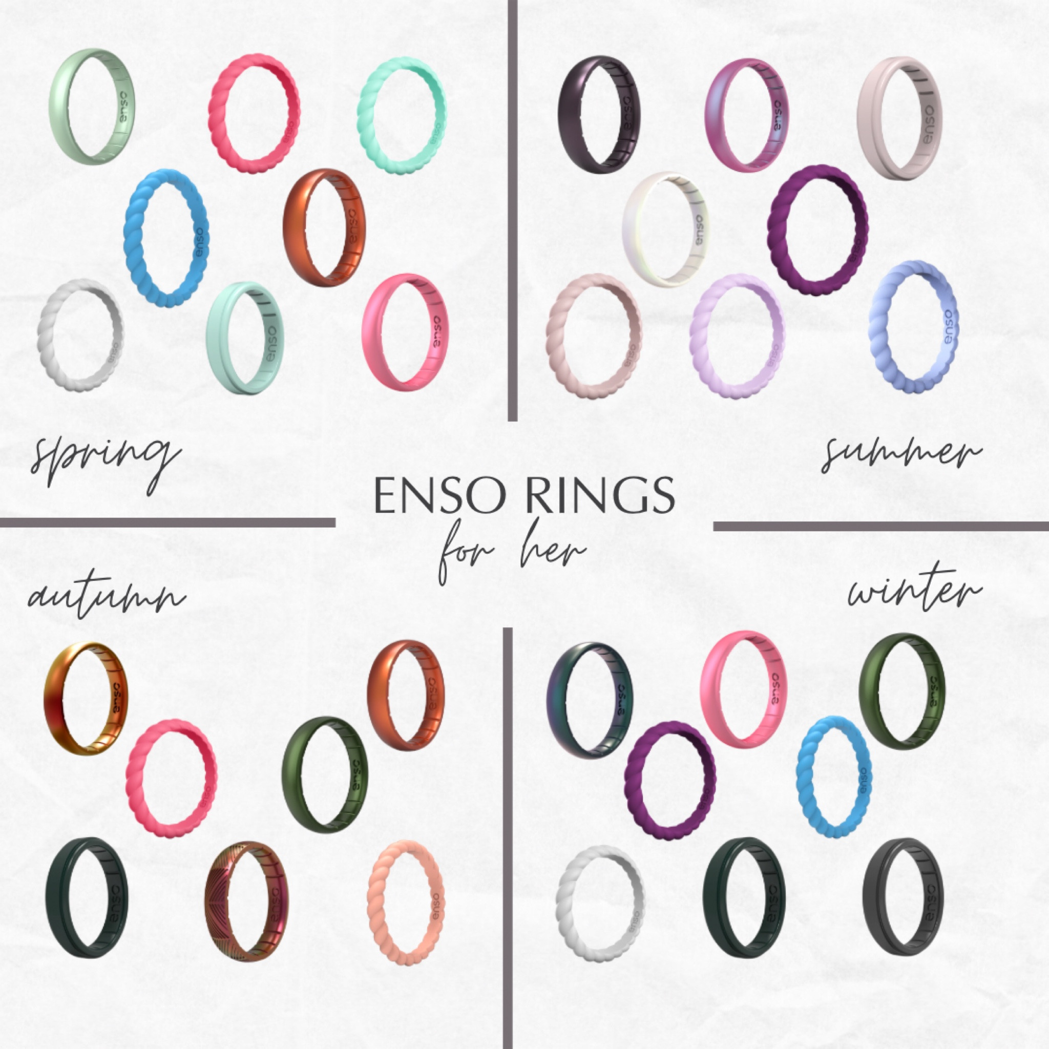 I recently purchased a new silicone ring from Enso and I LOVE it! It fits perfectly, is so comfortable that I don’t even feel it on AND it fits my season!  

Here are a few options for all HOC seasons (as always, verify them in person!). 

Spring
* Sea Foam
* Starfish
* Misty Grey
* Turquoise
* Vibrant Blue
* Coral
* Phoenix
* Medusa

Summer
* Ocean Breeze
* Cherry Blossom
* Oxblood
* Pink Sand
* Lavender
* Unicorn
* Siren

Autumn
* Starfish
* Papaya
* Coral
* Peacock Quartz
* Poseidon
* Loch Ness
* Phoenix
* Forest Green

Winter
* Oxblood
* Obsidian
* Misty Grey
* White
* Vibrant Blue
* Fairy
* Mermaid
* Dragon
* Pixie
* Slate
* Forest Green

#HOCspring #HOCsummer #HOCautumn #HOCwinter #stockingstuffer #giftsforher #HOC 

#LTKHoliday #LTKFind #LTKGiftGuide