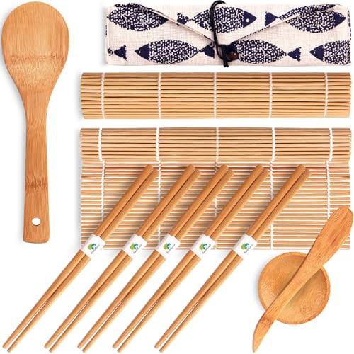 No Plastic Bamboo Sushi Making Kit, Sushi Roller, 2 Bamboo Sushi Rolling Mats, 5 Pairs Chopsticks... | Amazon (US)