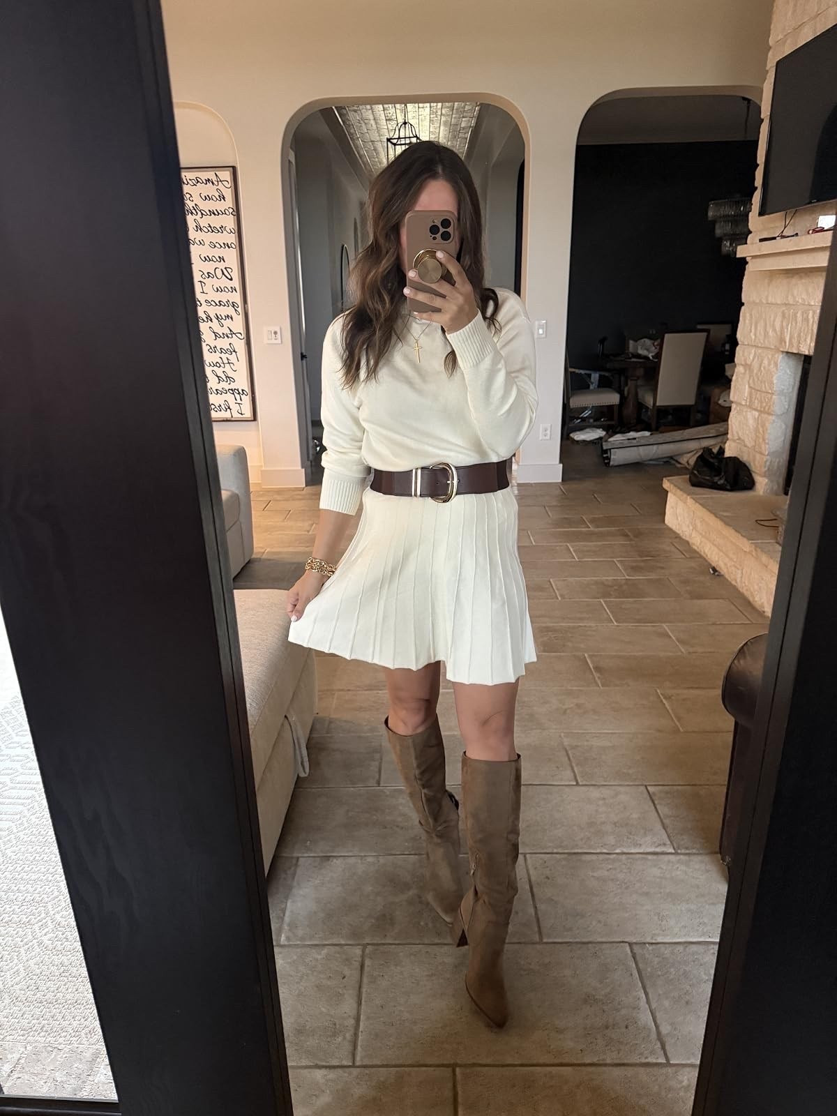 Family photos coming up?! 🤎 This cream sweater set with chocolate brown boots and a statement belt is SUCH a cute option! I love the neutral colors for fall family pictures, and every piece is from Amazon!

fall family photo outfit, family pictures outfit, Amazon fall outfit, cream sweater set, pleated sweater skirt, brown suede boots, fall family photos, neutral family photo outfit, Thanksgiving outfit, sweater skirt set, Amazon fashion, JulieFranks
