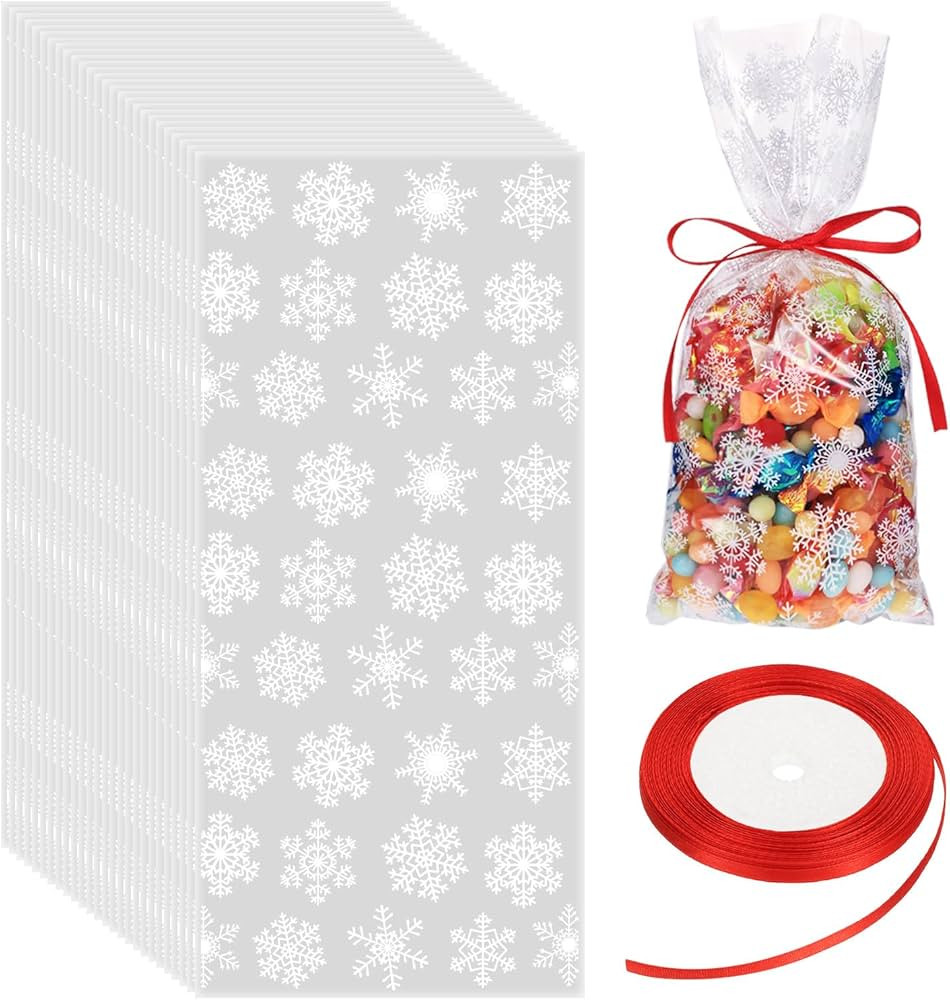 Boao 100 Pcs Christmas Cellophane Treat Bags Snowflake Goodie Candy Bag with Ribbon for Winter Ho... | Amazon (US)