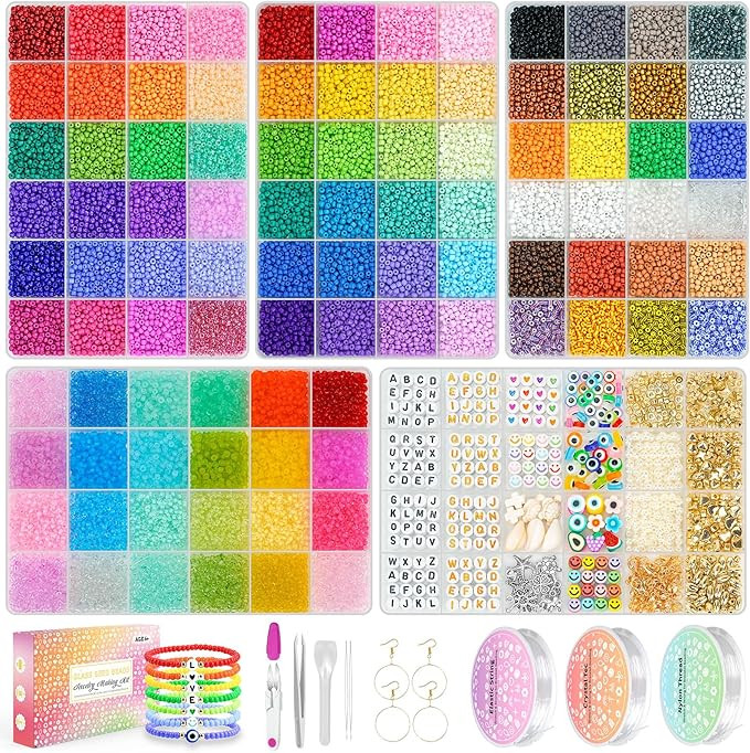 Friendship Bracelet Kit 3mm Seed Beads, 30000 Pcs 8/0 96 Colors Small Glass Beads Bulk with Lette... | Amazon (US)