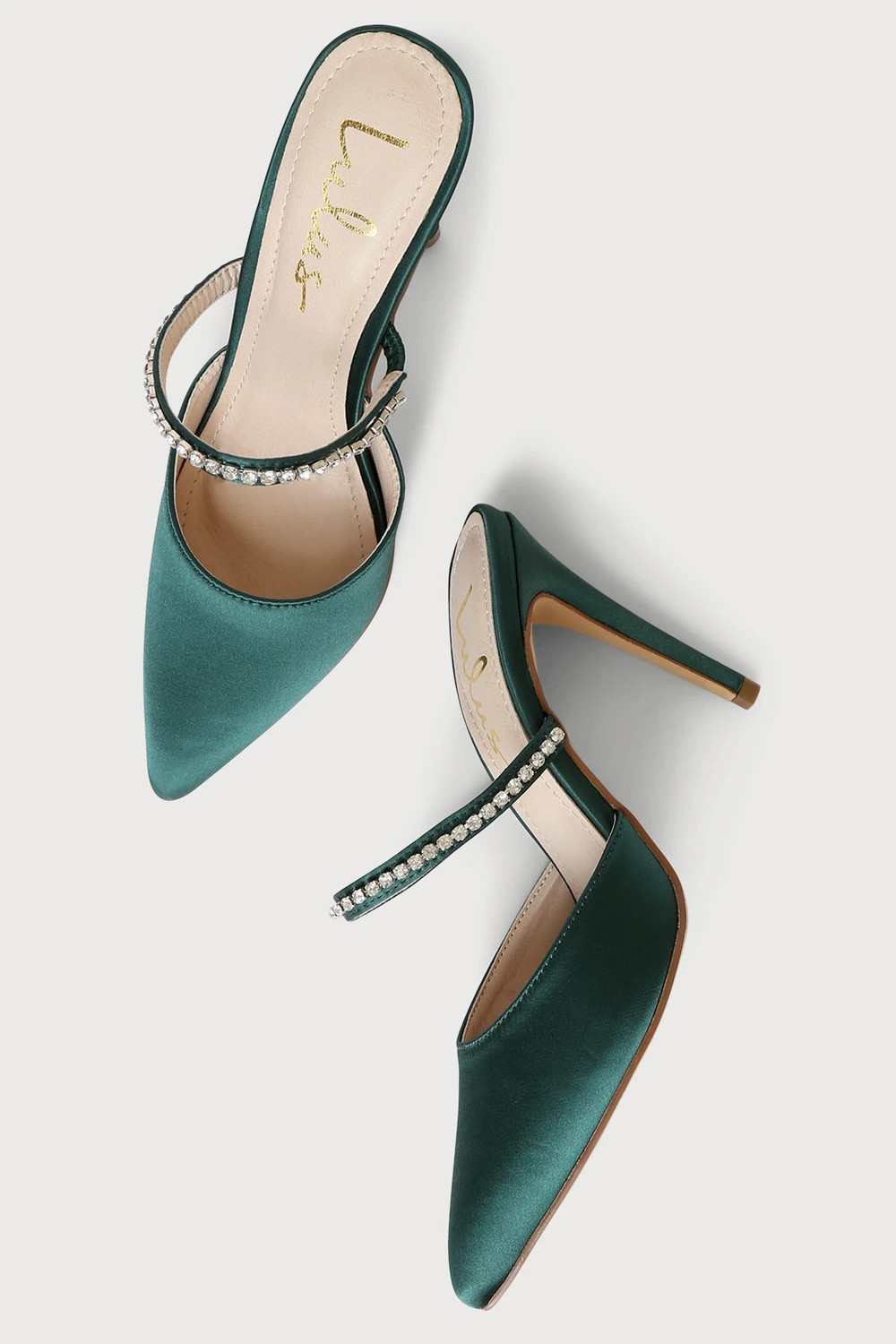 Phyly Emerald Green Satin Rhinestone Pointed-Toe Mule Pumps | Lulus