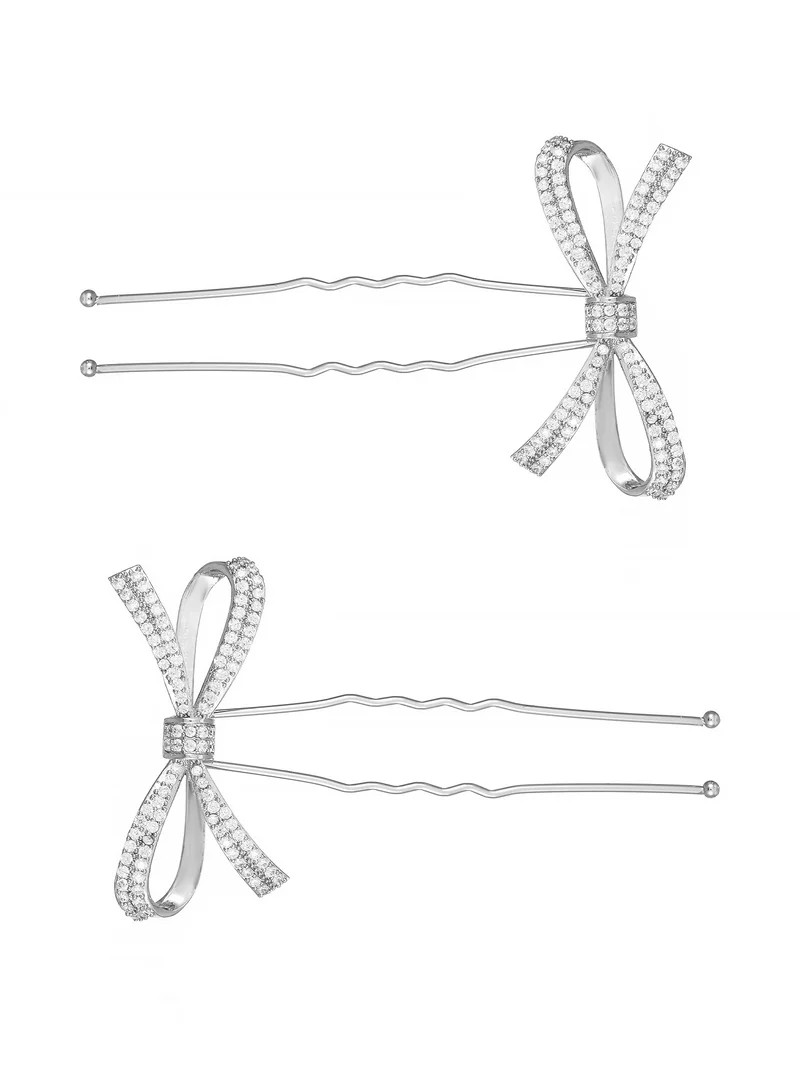 Believe by Brilliance Women's Fine Silver Plated and Genuine CZ Bow Motif Hair Pins, Female, Set ... | Walmart (US)