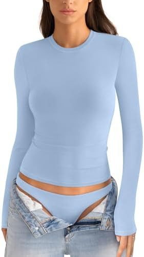 Womens Cotton Long Sleeve Shirts Crew Neck Fitted Basic Going Out Outfits Undershirt Spring Fall ... | Amazon (US)