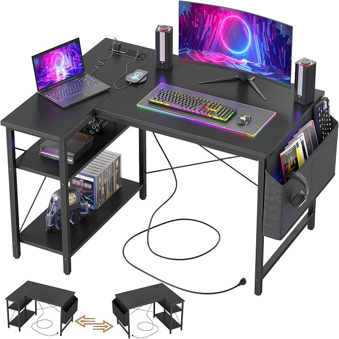 TIQLAB Gaming Desk with Power Outlets - 40 inch L Shaped Computer Desk, Reversible Design Small C... | Amazon (US)