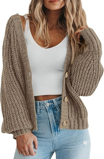 PRETTYGARDEN Women's Chunky Knit Open Front Sweater Long Sleeve Button Loose Short Cardigan Outer... | Amazon (US)