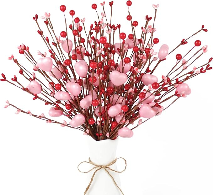 Cute Valentines Day Decorations, 6 Pcs Pink Heart Berry Stems for Valentine's Day Decor, 15.7 Inc... | Amazon (US)