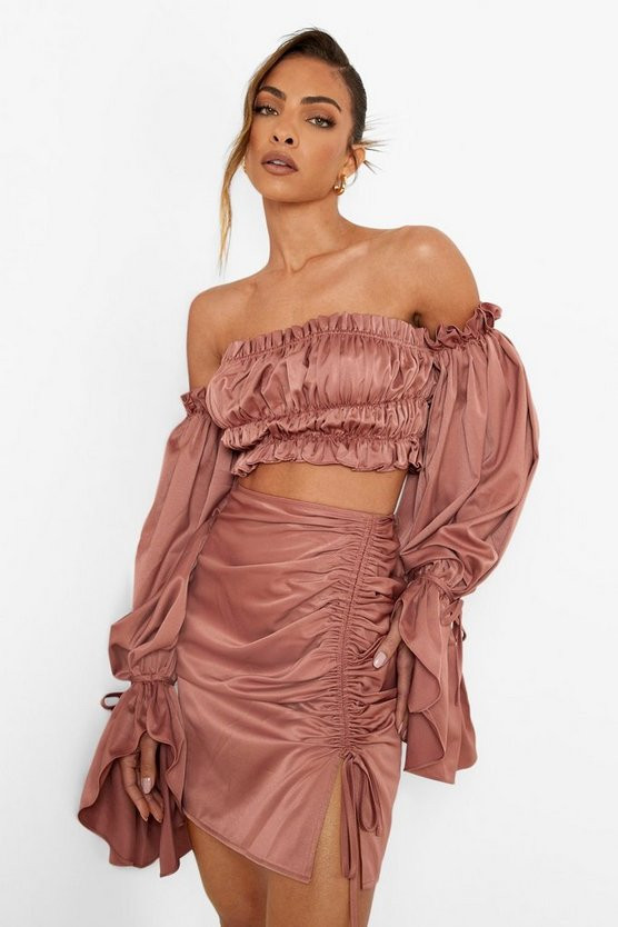 Matte Satin Bardot Crop & Ruched Mini Skirt Set | Boohoo.com (US & CA)