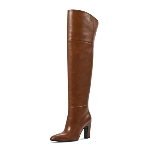 wetkiss Over the Knee Boots - Brown Thigh High Wide Calf Tall Long Pointed Toe High Heeled Chunky Block Heel Leather Boots for Fall Winter | Amazon (US)