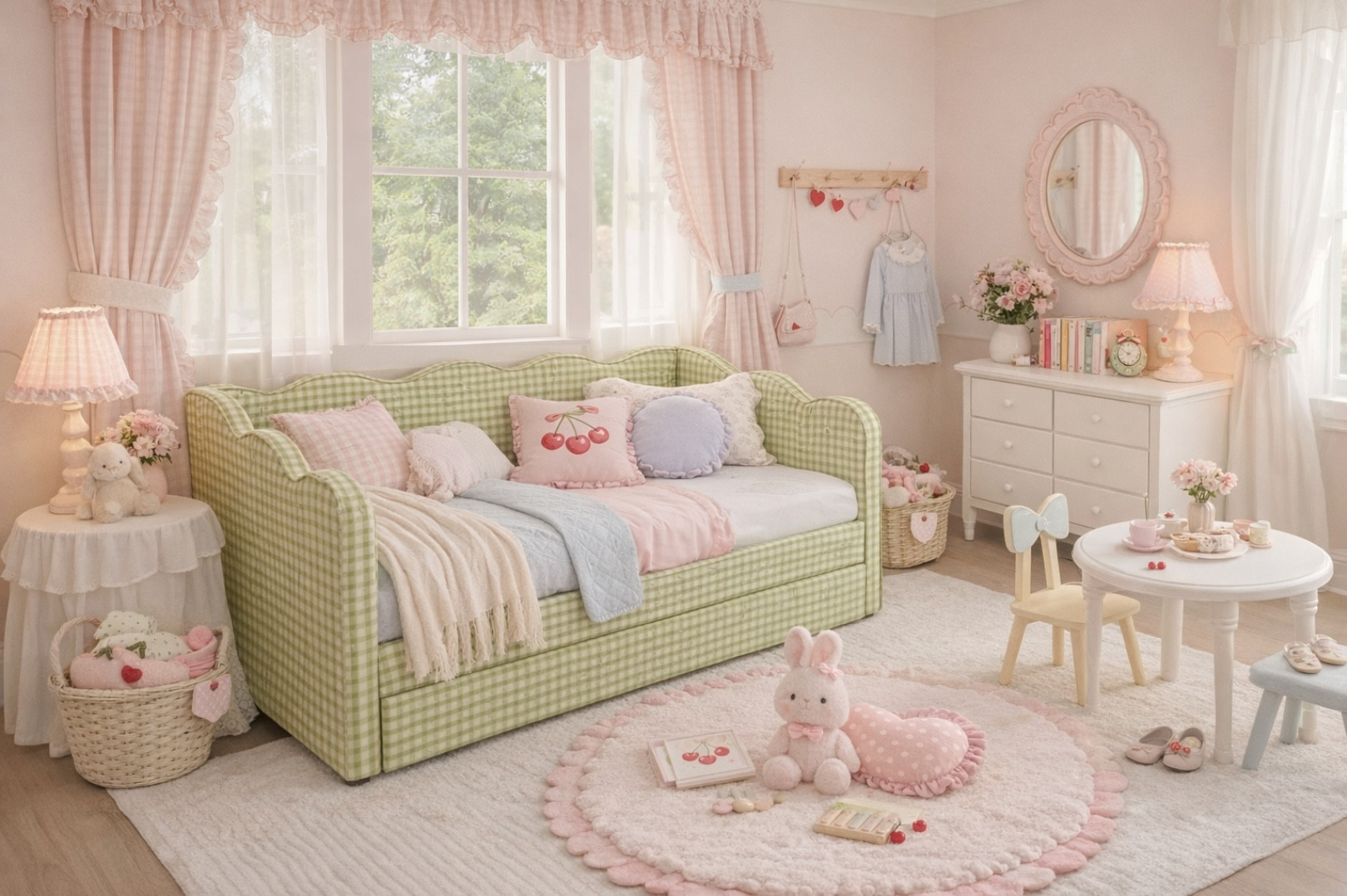 A cozy girls bedroom with a soft pastel color palette that feels sweet and Parisian. This green gingham daybed is perfect for a kid or tween room, styled with blush pink, and light blue accents. Classic white furniture and warm gold details make this space feel timeless, cozy, and easy to grow with your child.

The gingham trundle bed comes in green, pink, navy blue, and black. I love to use the trundle below the bed for extra toy storage using low plastic bins. 

I've linked similar items to the other furniture and decor pieces in the room so you can get the same look for less.

#kidsbedroom #girlsbedroom #kidsbedroomdesign #trundlebed #kidsbed 

 #LTKmomlife #LTKHome #LTKKids