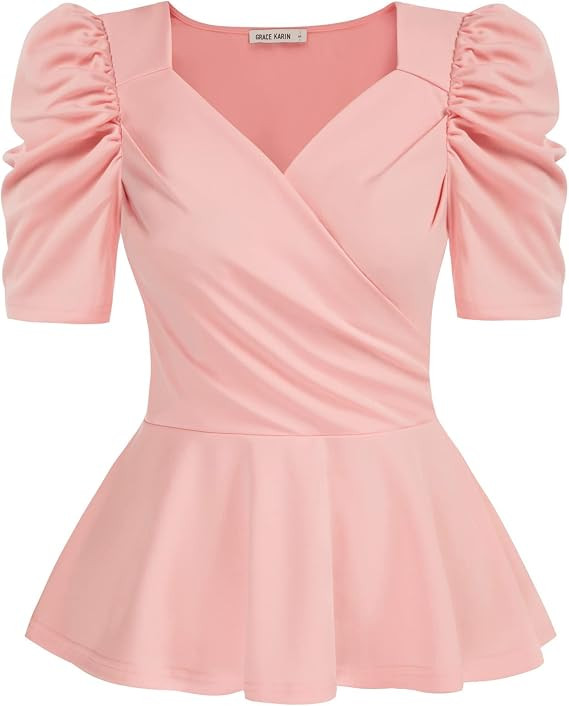 GRACE KARIN Womens Summer Tops Elegant Dressy 2026 Peplum Wrap Top V Neck Puff Short Sleeve Blous... | Amazon (US)