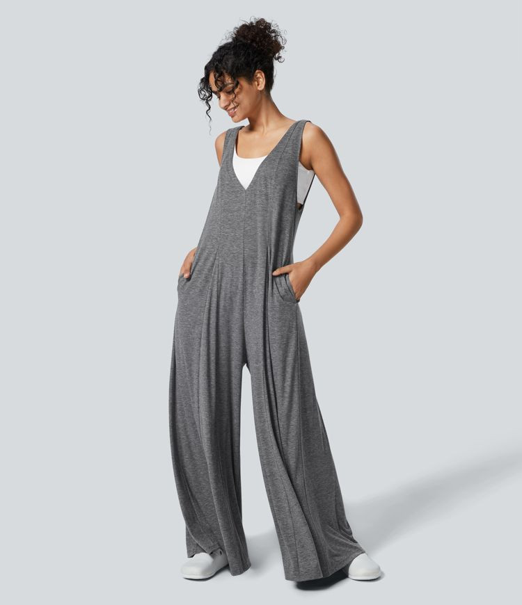 Women’s V Neck Side Pocket Draped Wide Leg Flowy Casual Jumpsuit - Halara | HALARA
