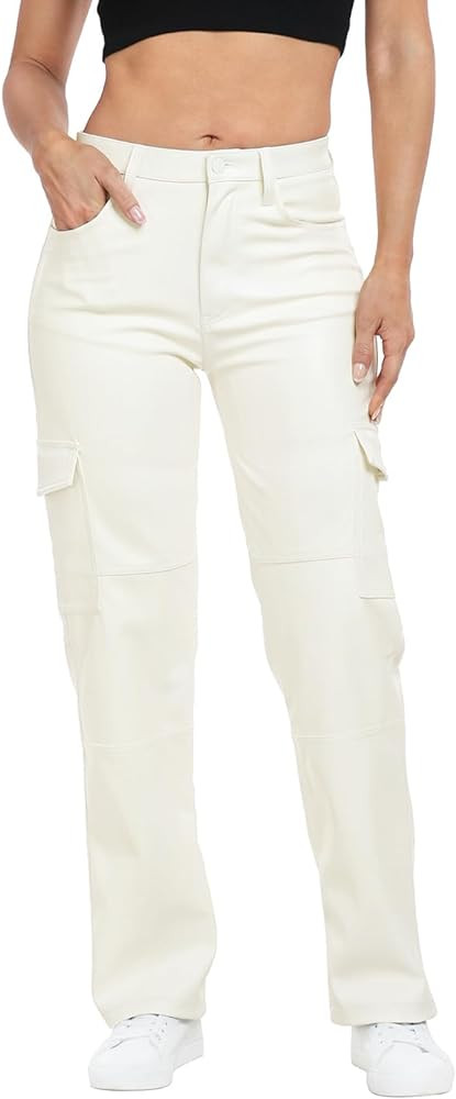 HDE Women's Faux Leather Cargo Pants with Pockets High Waisted Y2K Relaxed Pant | Amazon (US)