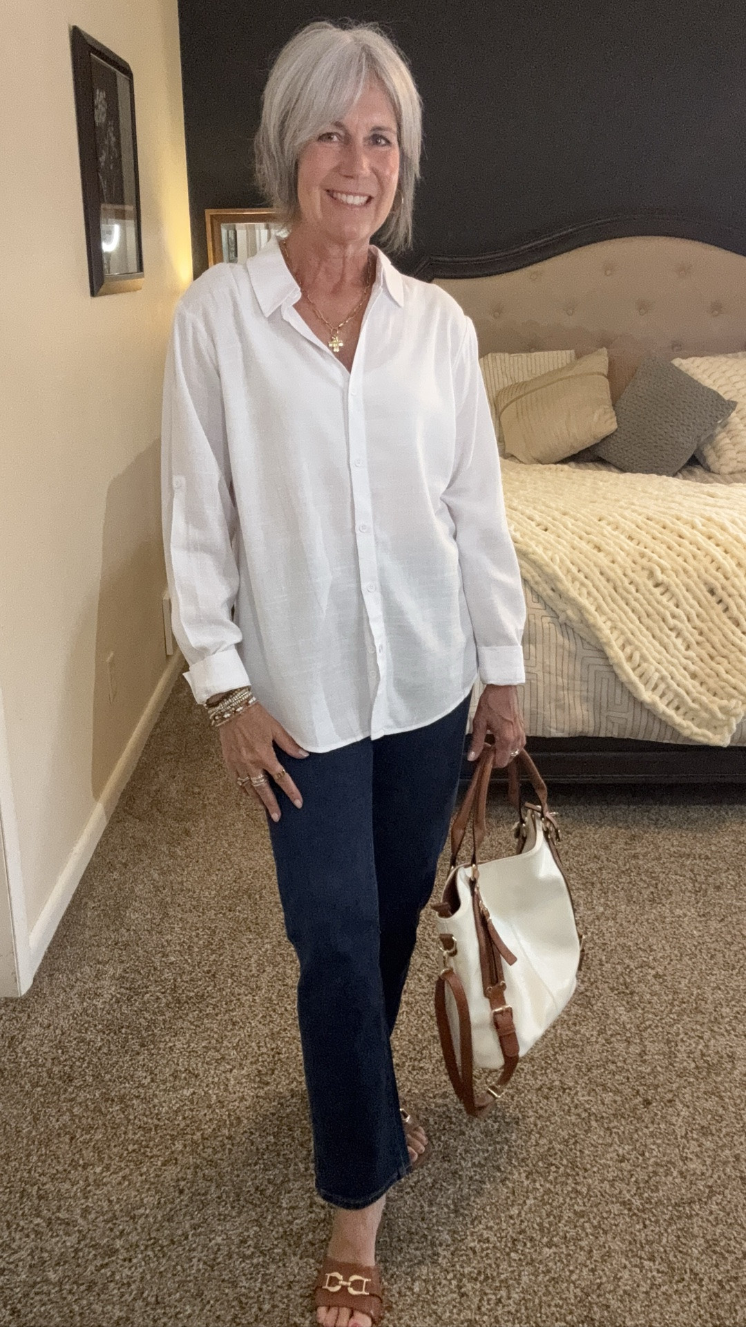 The easiest yet put together outfit formula. Just make sure to add some jewelry, a statement bag and straight leg jeans so you look tailored and not sloppy. 

‼️My button down is 25% off ‼️

#styleover50
#over50style
#midlifestyle
#effortlessstyle
#modernclassicstyle

#LTKootd #LTKOver40 #LTKSeasonal