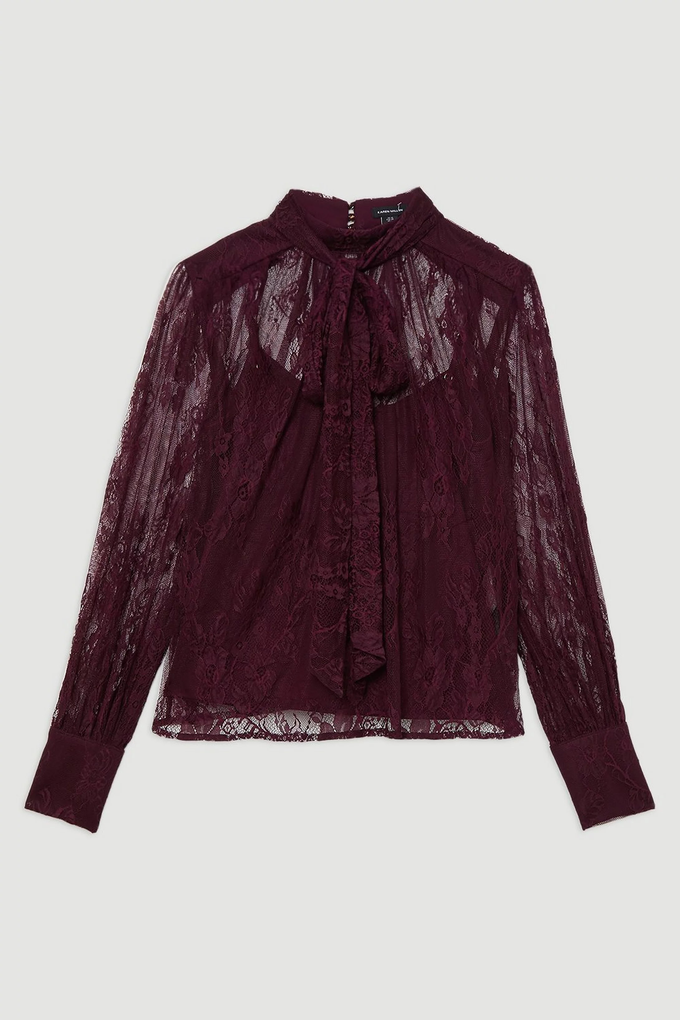 Sheer Lace Balloon Sleeve Bow Detail Blouse | Karen Millen UK + IE + DE + NL