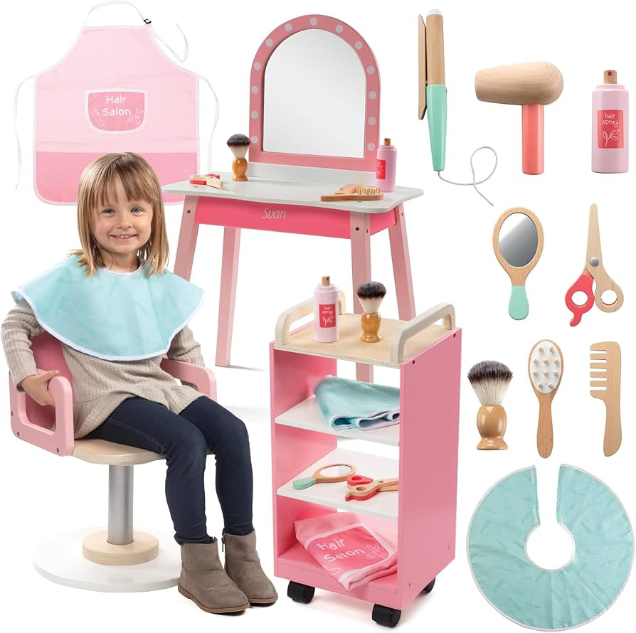 Pretend Hair Salon Wooden Play Set- Full Vanity Mirror Playset w Chair & Rolling Cart- Includes B... | Amazon (US)