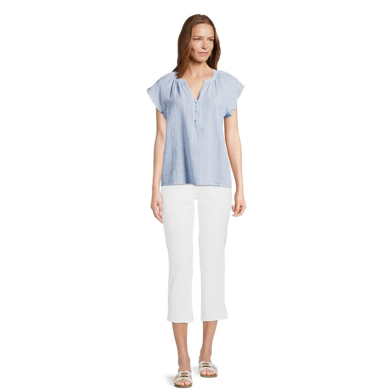 Time and Tru Women's Split Neck Top with Flutter Sleeves, Sizes XS-XXXL | Walmart (US)