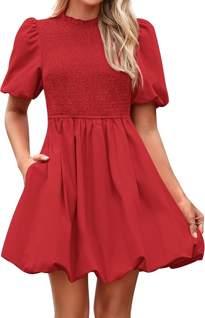 KIRUNDO Womens Summer Smocked Mini Dress 2025 Spring Puff Short Sleeve Boho Ruffle Crewneck Bubbl... | Amazon (US)