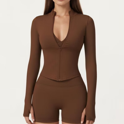 Anna-Kaci Active Women's Long Sleeve Zip Front Fitted Active Top with High Neck and Thumbhole Cuffs - X Large, Brown | Target