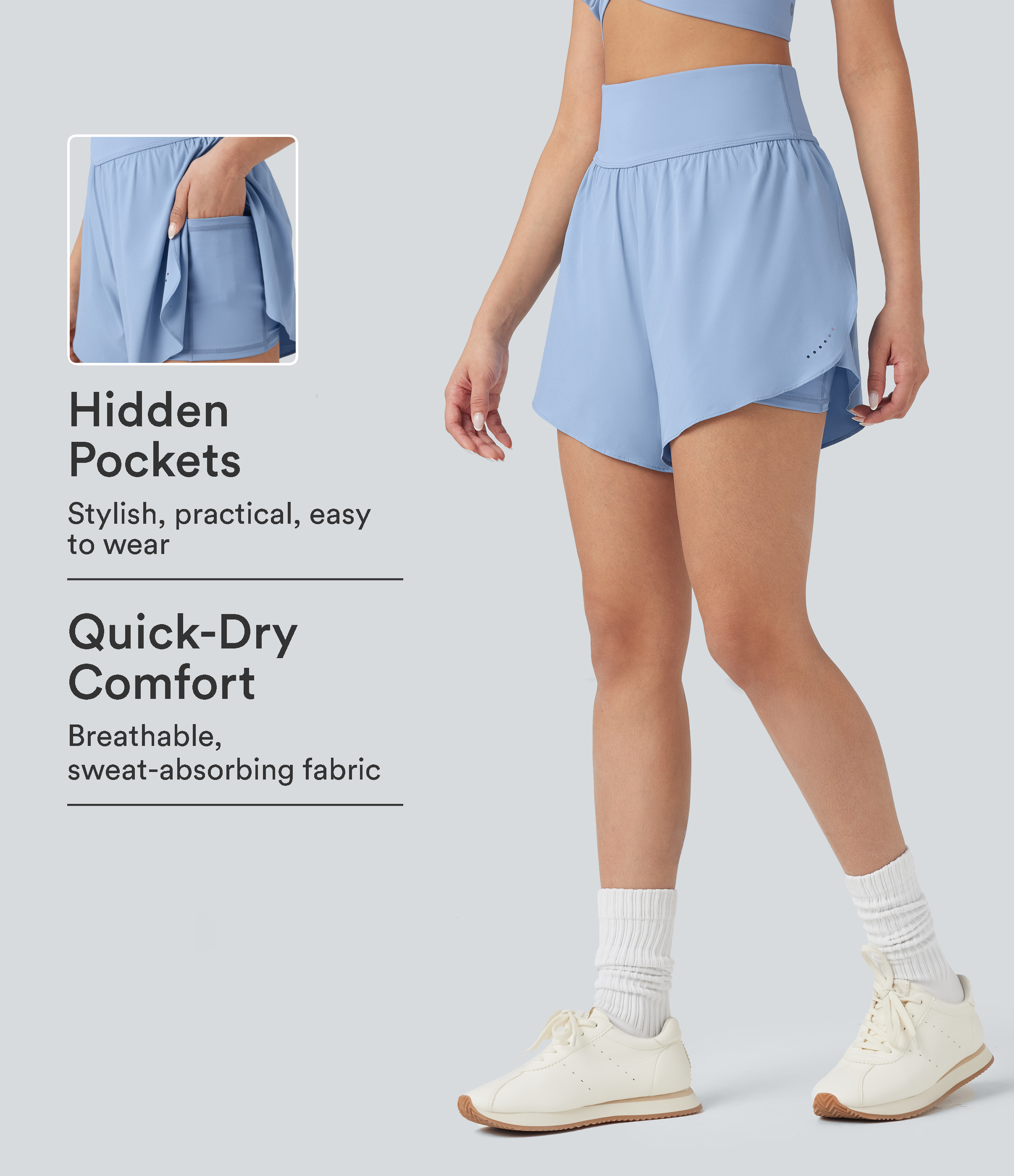 Halara SoftlyZero™ QuickDry SoCinched High Waisted Tummy Control Reflective Dots Crossover Hem 2-in-1 Running Shorts 5'' with Pockets Gym Short - Sky Blue - L | HALARA