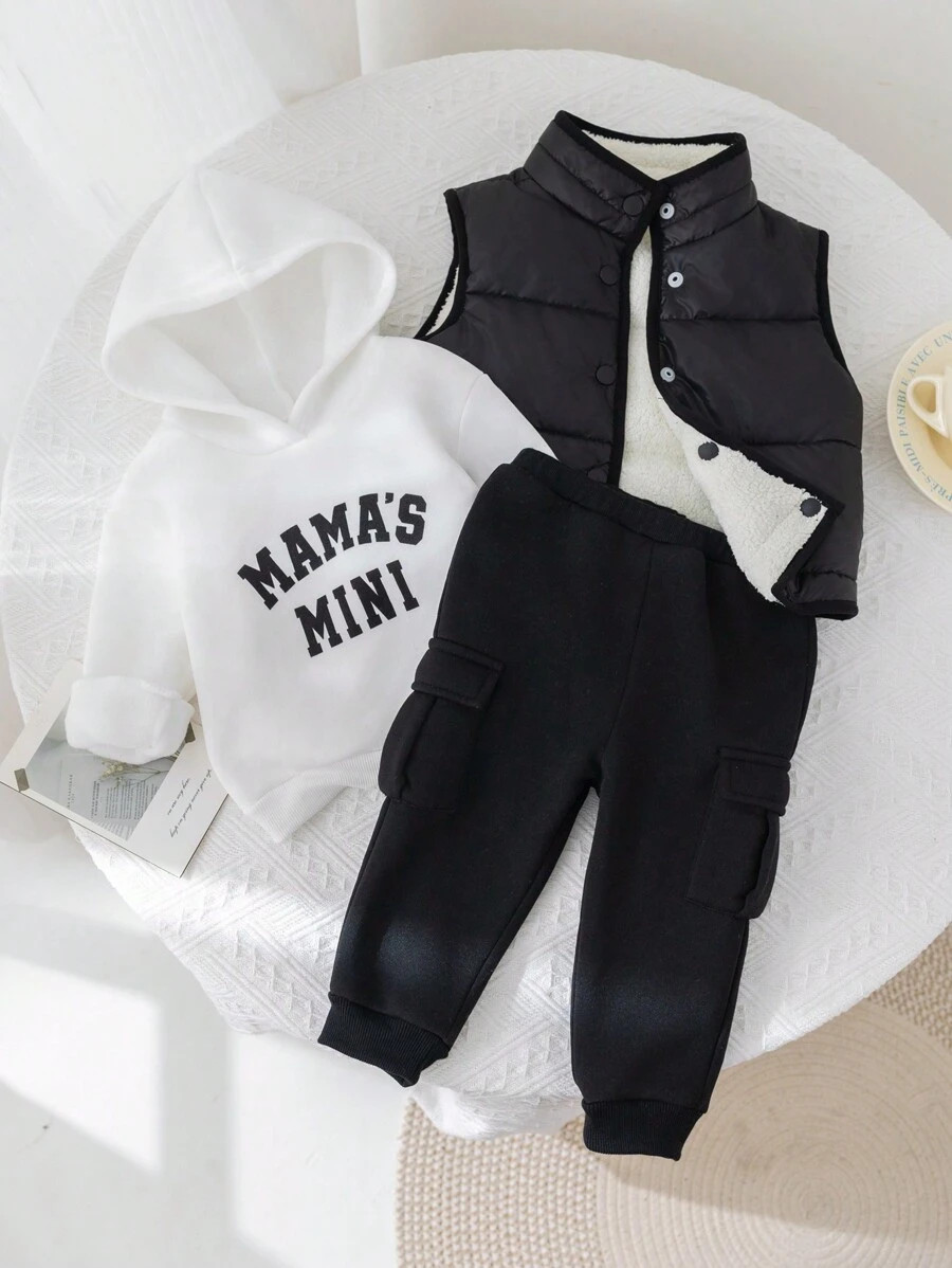 SHEIN 3pcs Baby Girl Winter Warm Outfit Set - Fleece Vest Jacket, Hooded Sweatshirt, And Pants Wi... | SHEIN