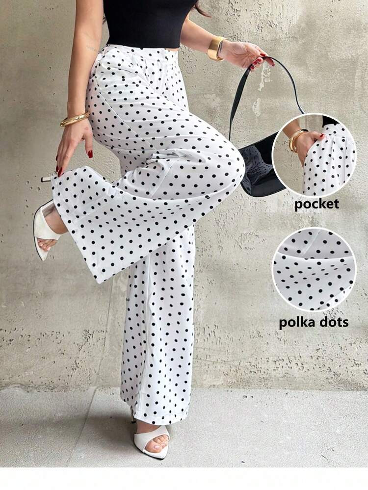 Firerie Women's Elegant Minimalist Daily Casual Commute Home Pants, White & Black Polka Dot Mid-W... | SHEIN