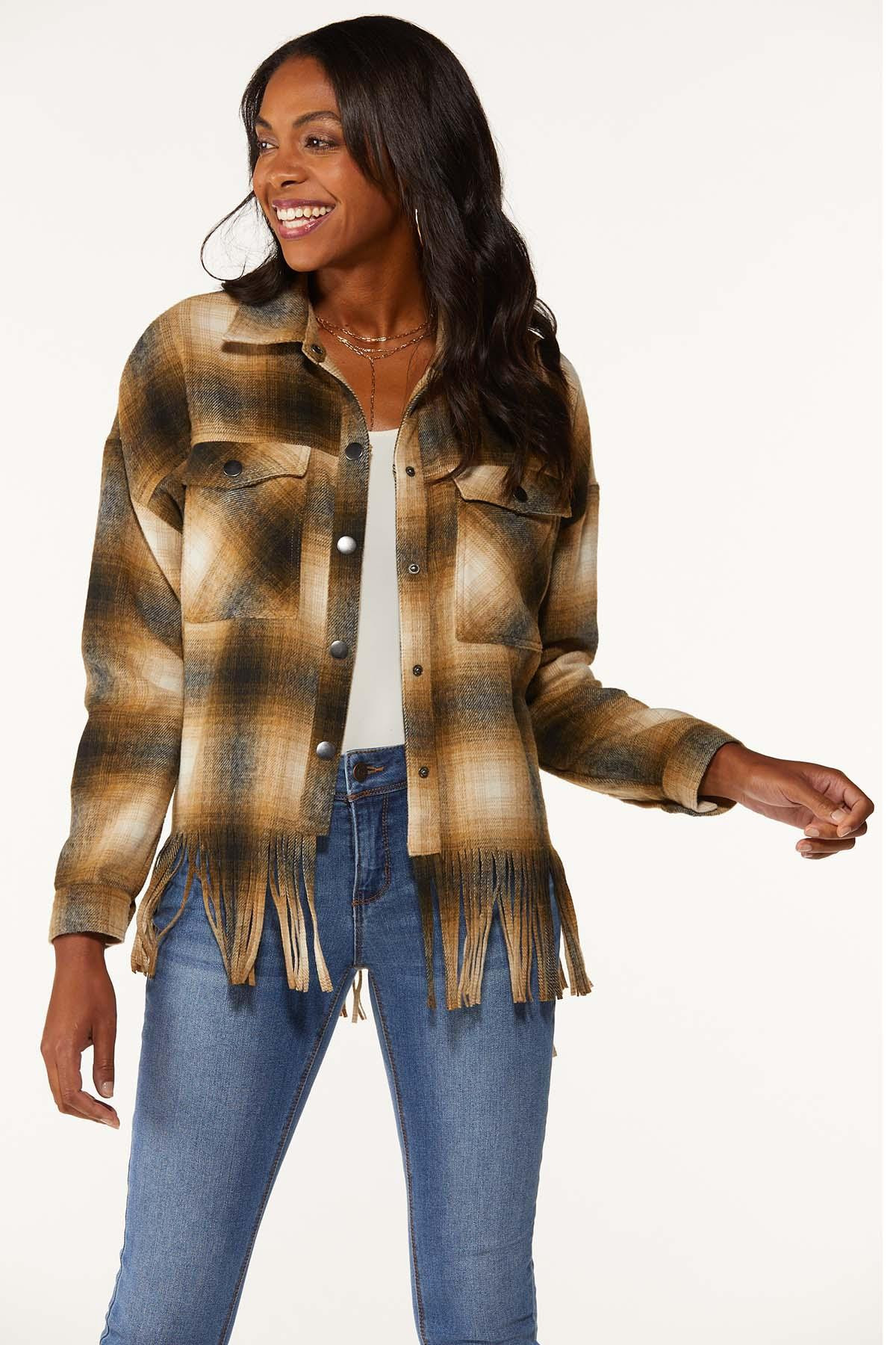 Plaid Fringe Hem Shacket | Cato Fashions