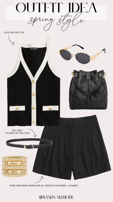 Chic spring style | black and white spring outfit | black linen shorts | Amazon finds | Amazon bucket bag | gold button down tank top 

#LTKfindsunder100 #LTKstyletip #LTKSeasonal