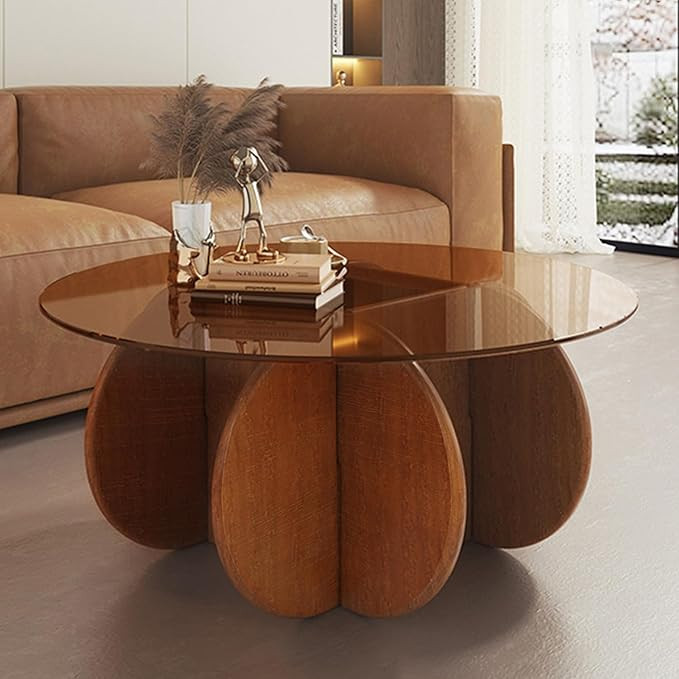 Modern Round Coffee Table with Solid Wood Legs, 31.5'' Glass Coffee Tables for Living Room Rustic... | Amazon (US)