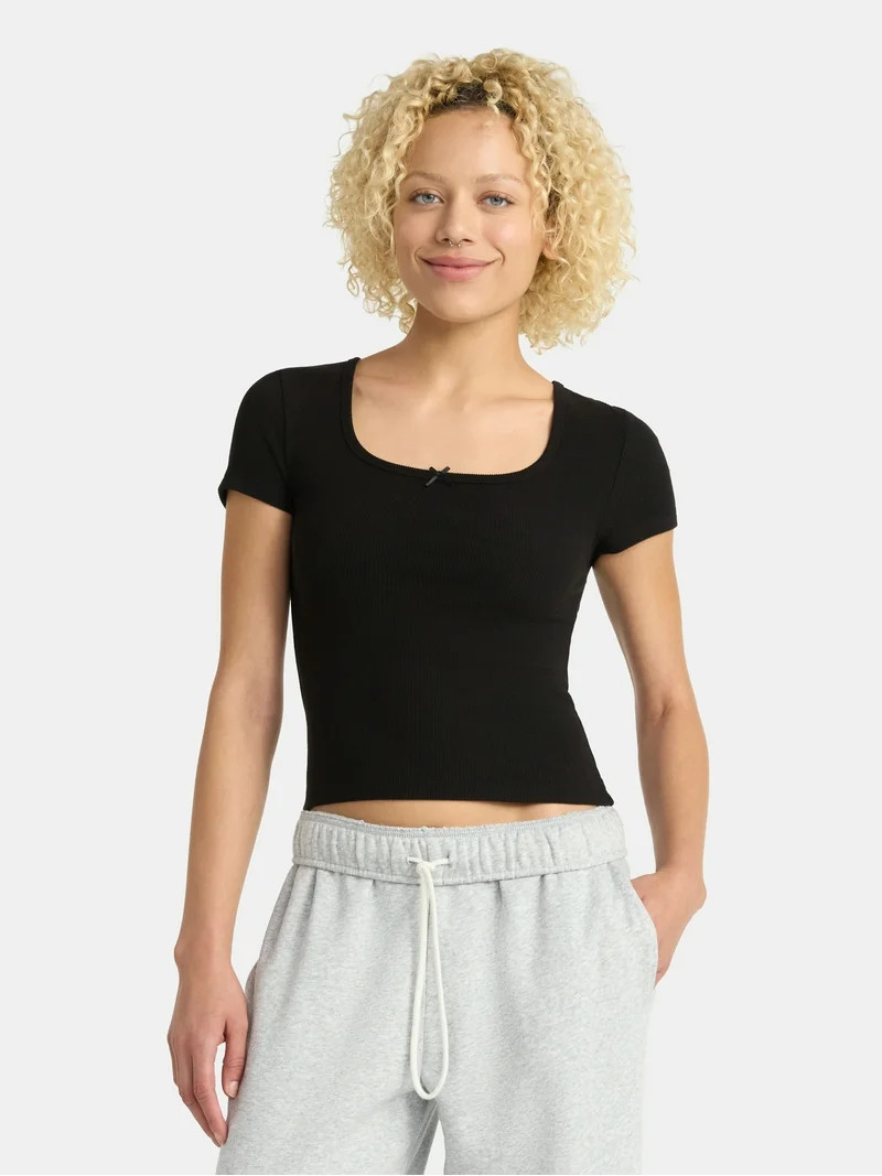 No Boundaries Square Neck Tee with Satin Bow, Women's | Walmart (US)