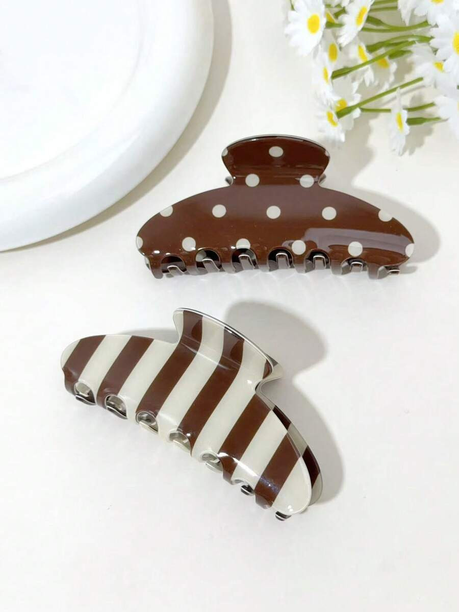 1pc Vintage Caramel Brown Polka Dot Striped Hair Clip, Minimalist Acrylic Hair Clip, Suitable For Women's Half-Up And Updo Hairstyles | SHEIN
