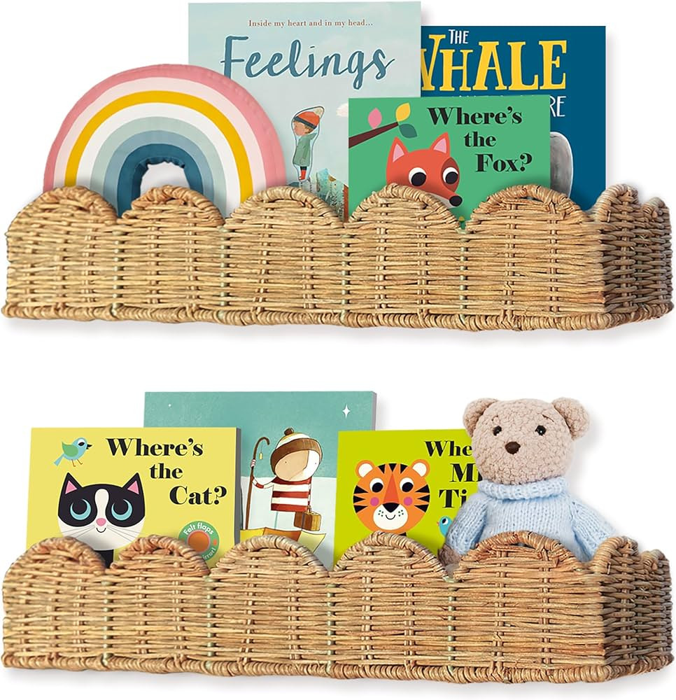 Nursery Book Shelves Set of 2 - Artisanal Natural Rattan Scalloped Book Shelf for Kids Rooms 15.8... | Amazon (US)