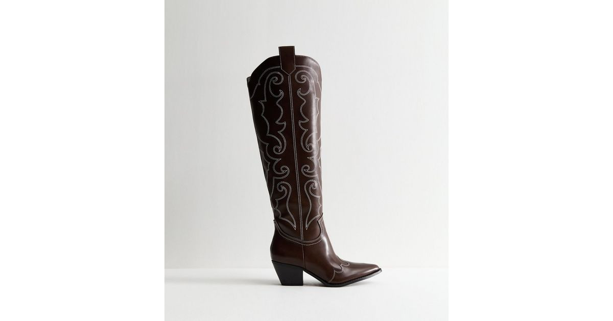 Dark Brown Western Faux Leather Knee High Boots | New Look | New Look (UK)