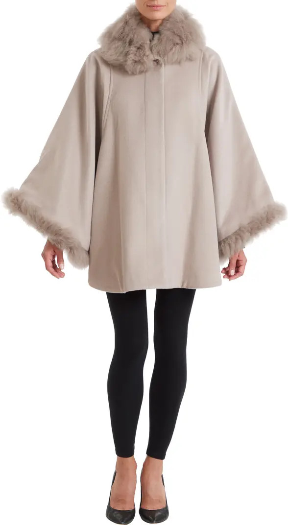 Genuine Shearling Trim Wool Blend Cape Coat | Nordstrom Rack