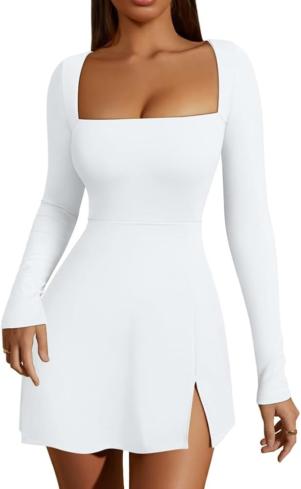 HYZ Women's Sexy Square Neck Long Sleeve Side Slit Flare Party Mini Dress | Amazon (US)