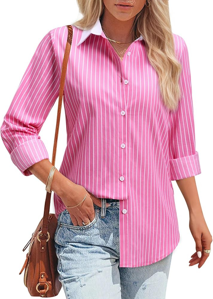 Striped Button Down Shirts for Women Cotton Dress Shirt Long Sleeve Collared Blouse Tops Business... | Amazon (US)