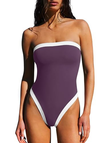 LASLULU Womens Strapless Bandeau Swimsuits One Piece Sexy Bathing Suits Slimming Tummy Control Summer Outfits Swimwear(Grape Purple Medium) | Amazon (US)