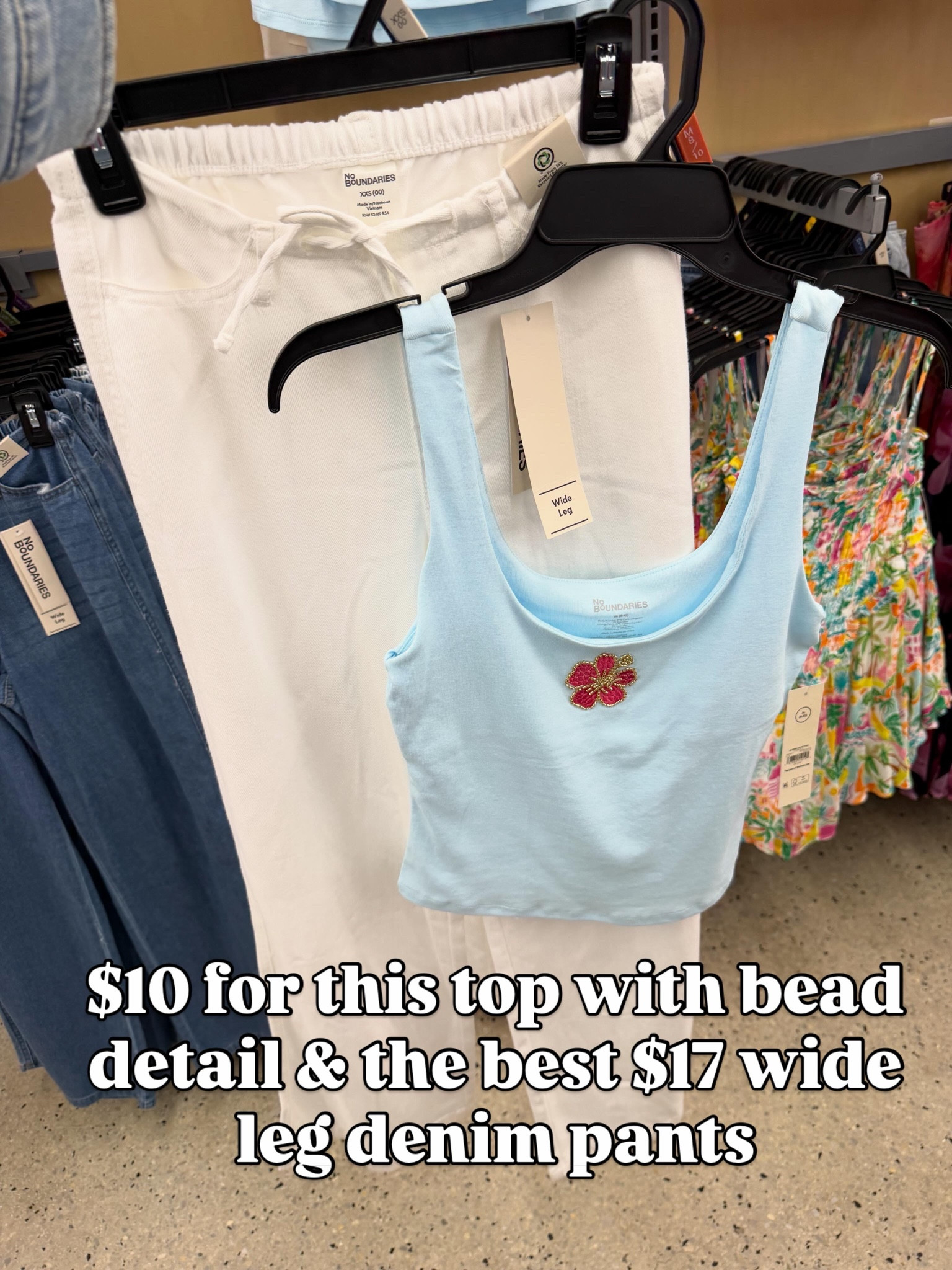 Walmart embellished tank tops in juniors. White wide leg mid rise denim pants with drawstring waist are a steal at $17, fit true to size. 31” inseam