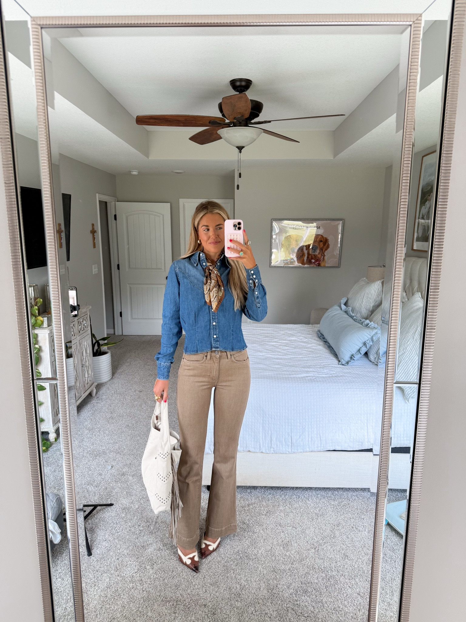 size 26/34 in jeans but i actually need to size up! they run snug. i would also prefer a 36 inseam but 34 works if you 5’9 and under :) size small in top 

western office outfits 

#LTKSeasonal #LTKWorkwear #LTKFindsUnder50