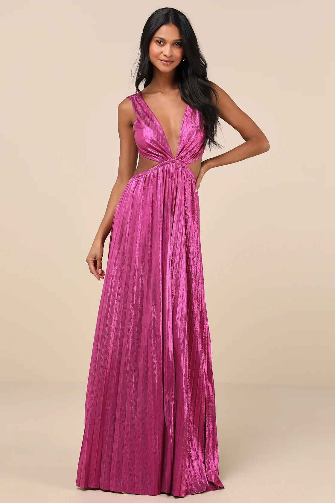 Shining Luxury Magenta Metallic Lurex Cutout Maxi Dress | Lulus