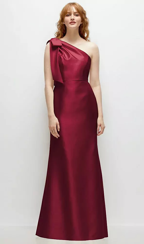 Bow One-Shoulder Satin Trumpet Gown in Burgundy | The Dessy Group