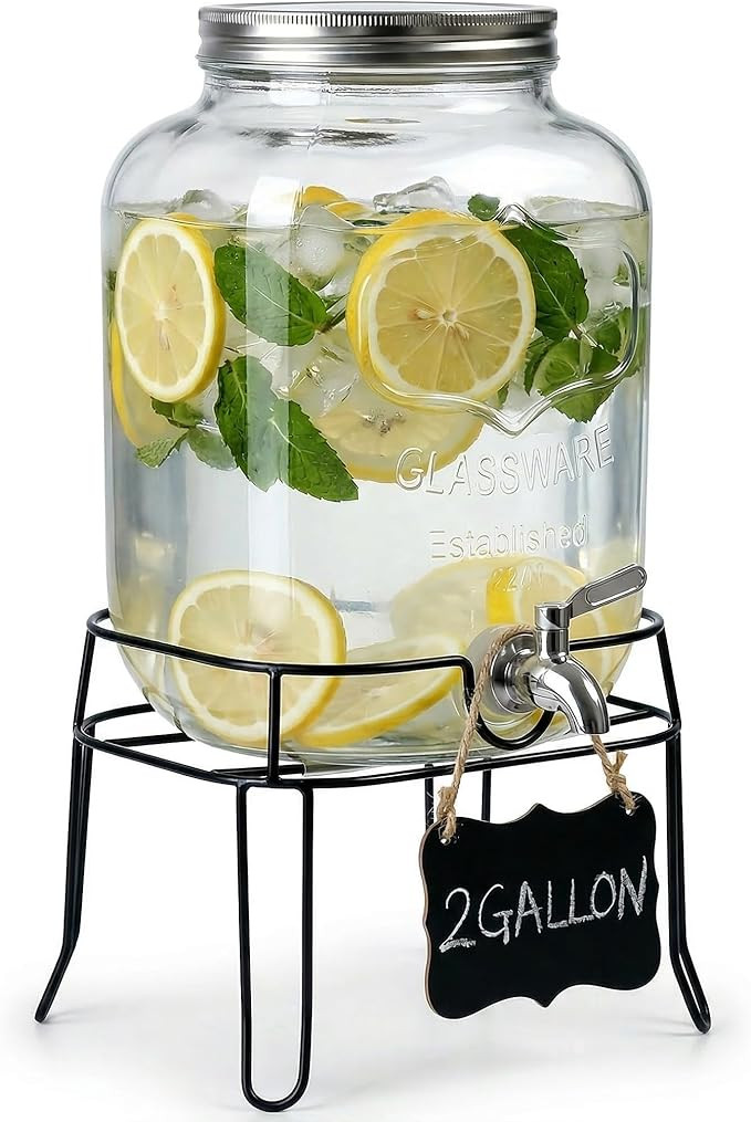 2 Gallon Glass Drink Dispenser,Beverage Dispenser with Stand,Lemonade Dispenser with 304 Stainles... | Amazon (US)