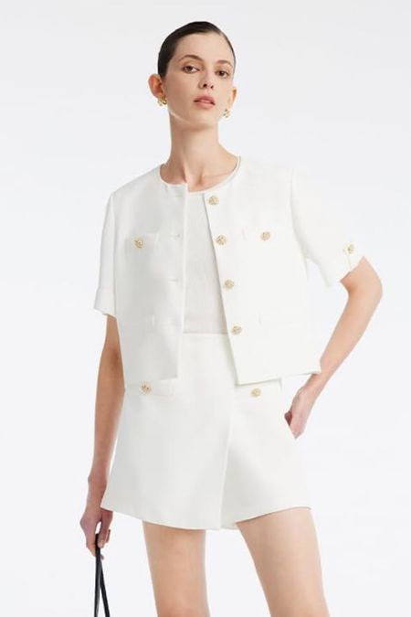 Women's 2 Piece Suit Sets White Acetate Short Sleeve Blazer Jacket and Skirt Shorts Business Casual Outfits

#LTKWorkwear #LTKOver40