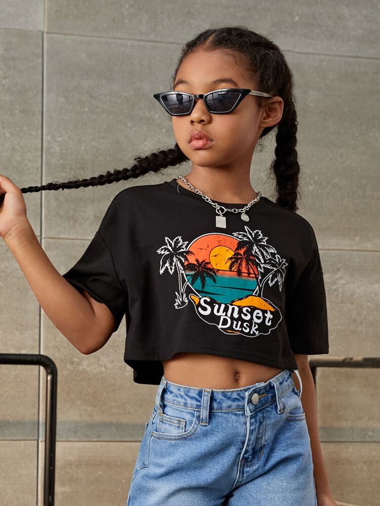 SHEIN Girls Palm Tree & Letter Graphic Drop Shoulder Tee
       
              
              $5.... | SHEIN