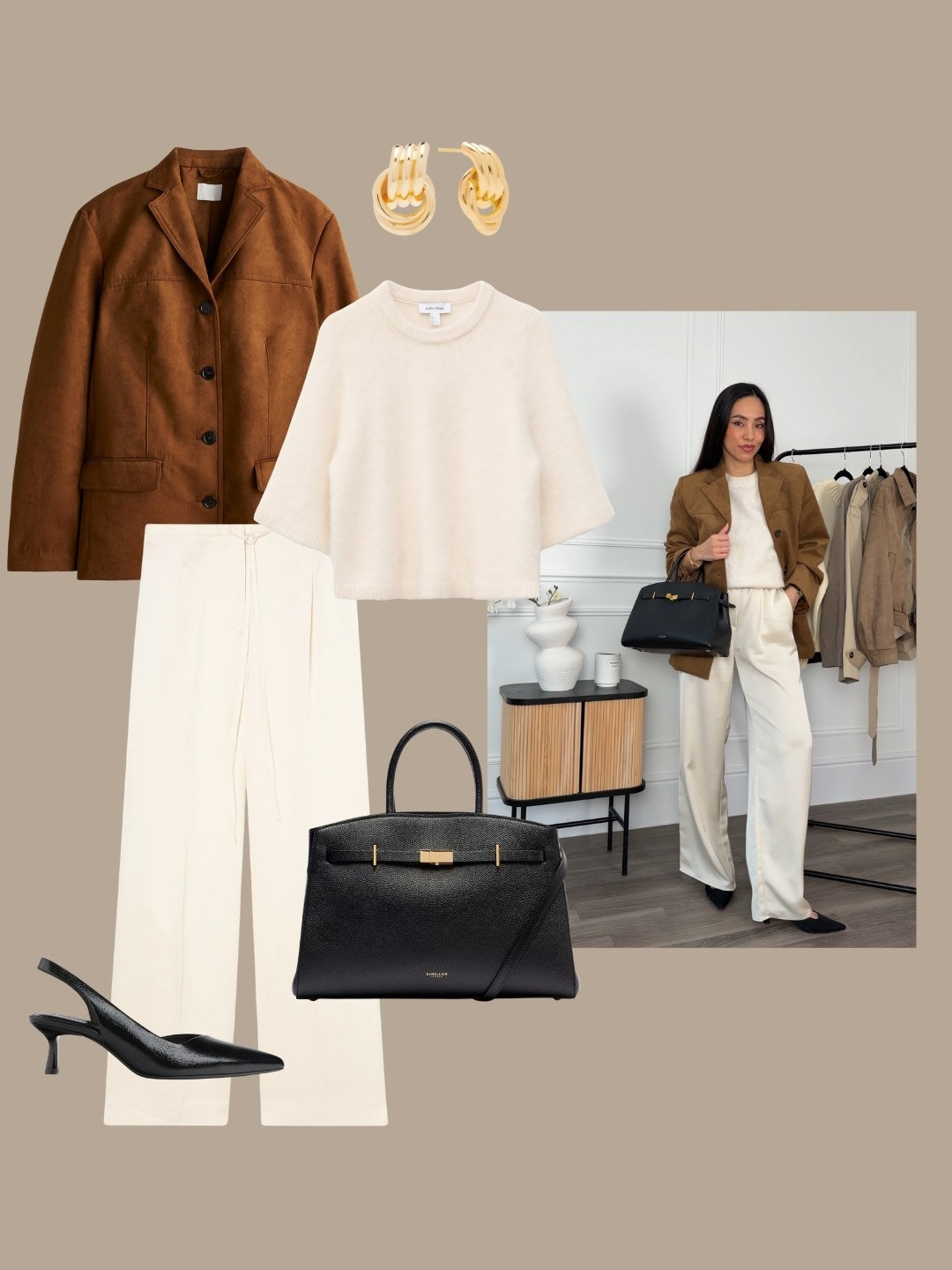 Spring outfit formulas - tan brown faux suede blazer jacket styled with an all cream look, satin trousers and knit top with black leather accessories, slingback heels and bag 

 #LTKstyletip

#LTKspring