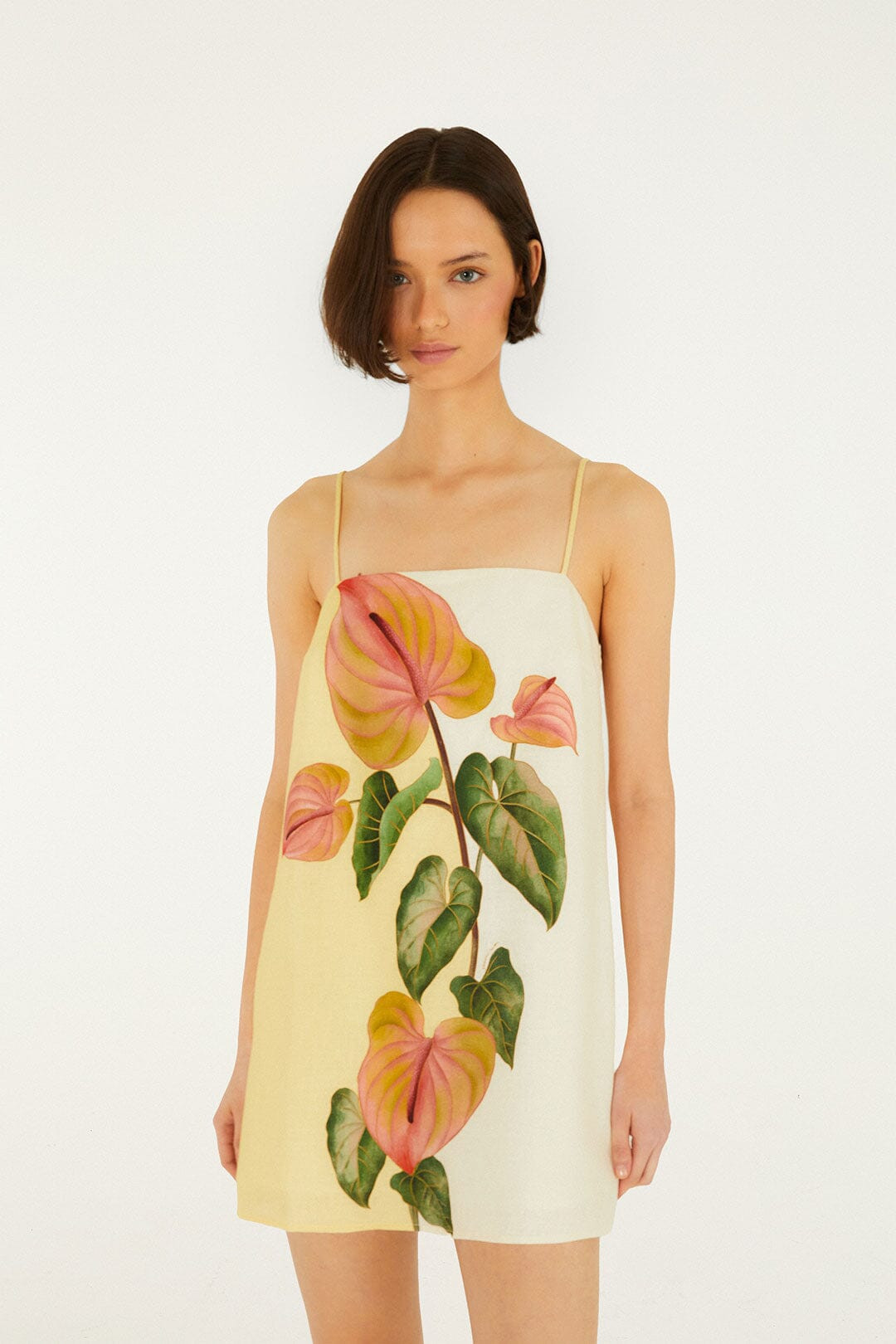 Golden Yellow Anthurium Square Neck Mini Dress | FARM Rio | FarmRio (US)